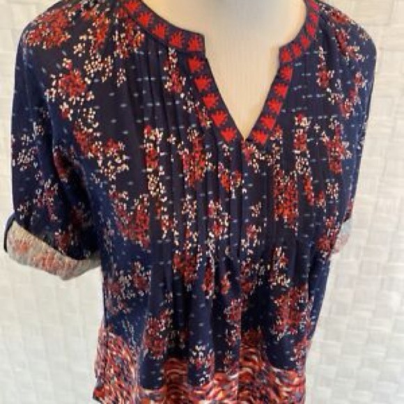 Vintage America Jolita Top V Neck 3/4 Roll Tab Sleeves Navy Print Size M - Picture 8 of 14